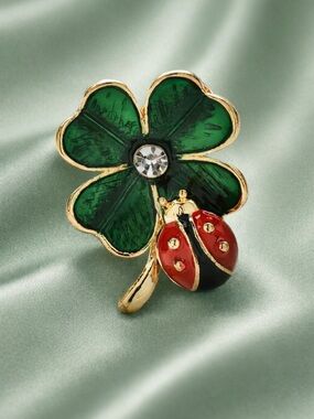 Green Clover Red Ladybug Gold Enamel Brooch